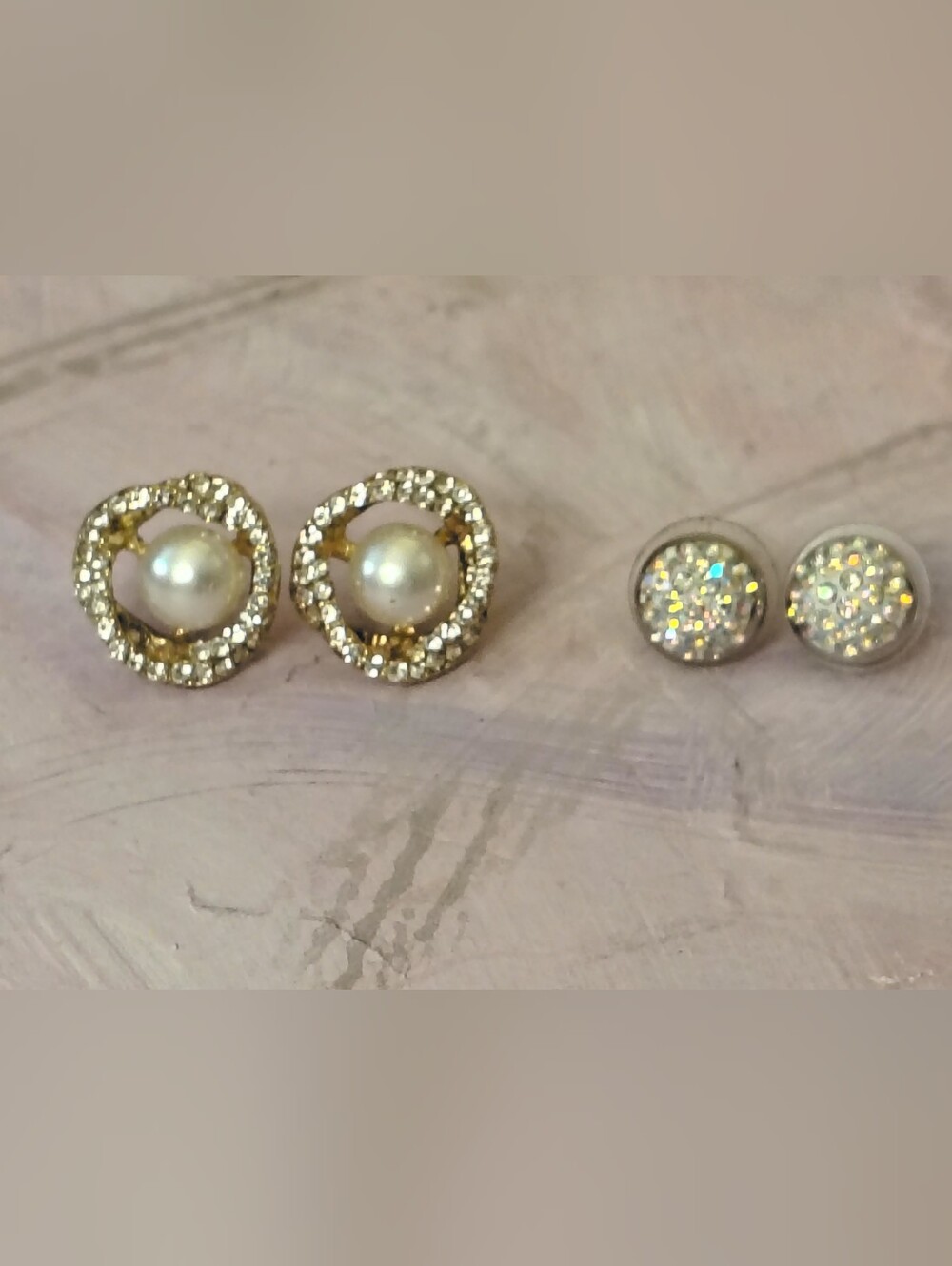 Vintage Faux Pearl Rhinestone Knot Stud Earrings&AB Crystal Pavé Button Earrings
